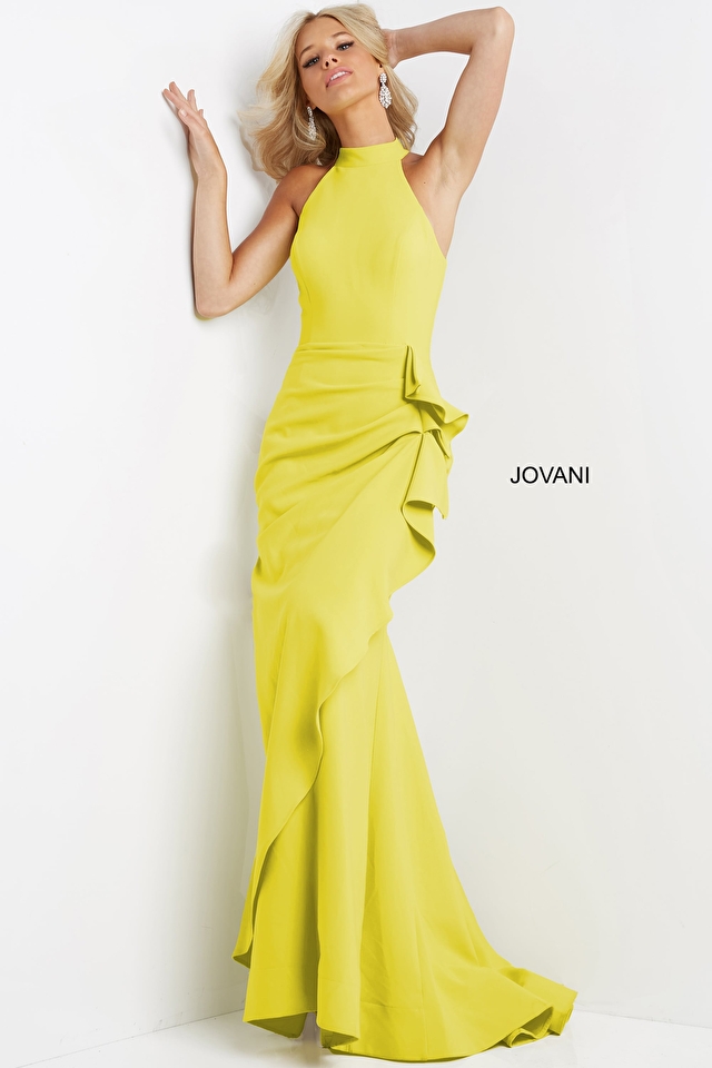 jovani Jovani 07301 Yellow High Neckline Sheath Dress